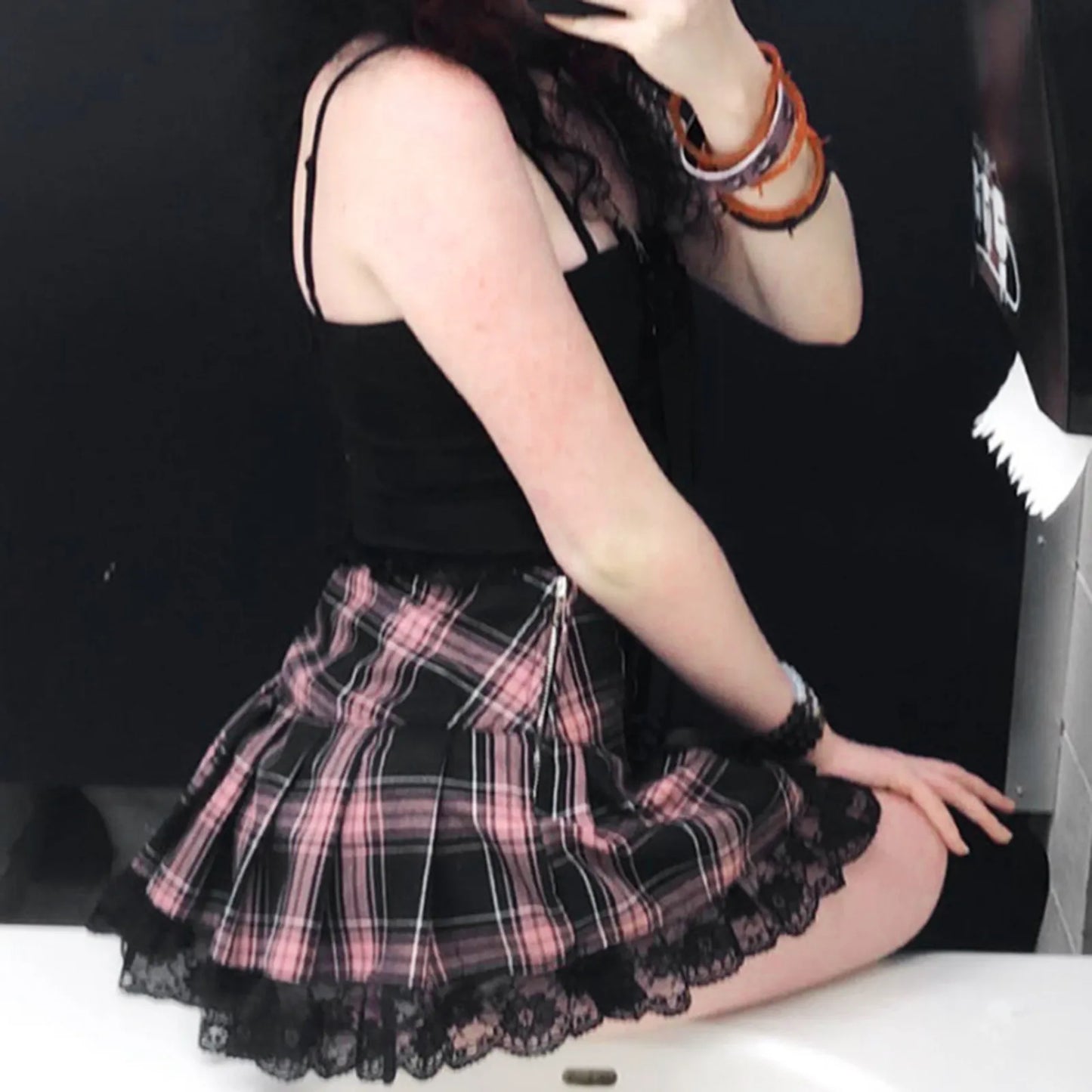 Cool Girls Gothic Skirt Y2k High Waist Plaid Lace Bandage A-Line Skirt Women Vintage Hip Hop Punk Streetwear Pleated Skirt
