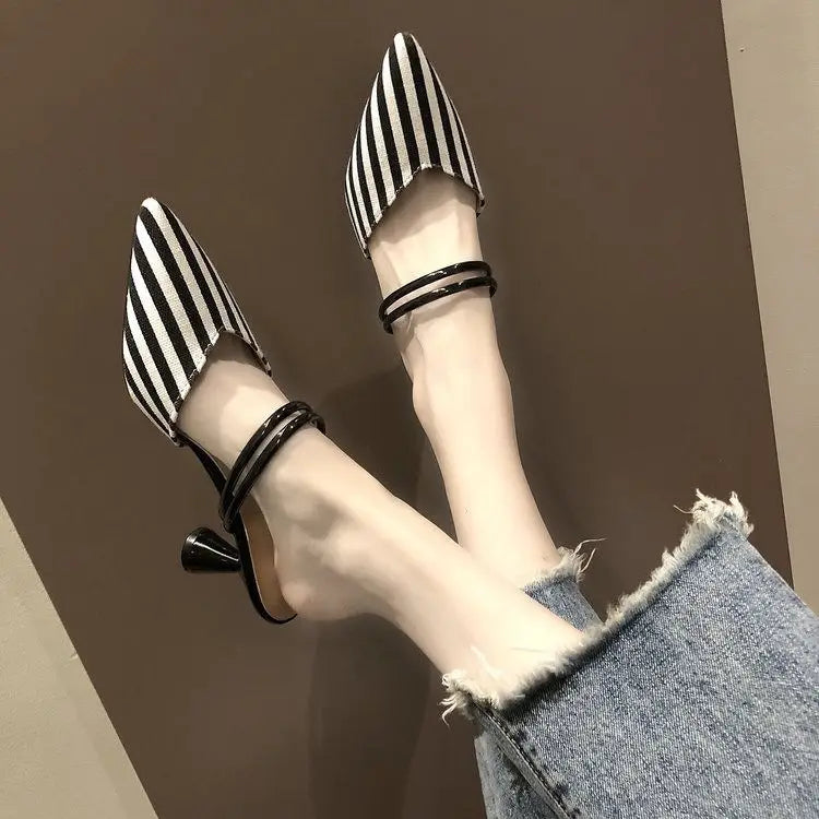 Elegant Woman Heeled Shoes Luxury Heel Shoe Striped Black Summer Women Sandals Fashion Designer Summer New 2023 High Slippers