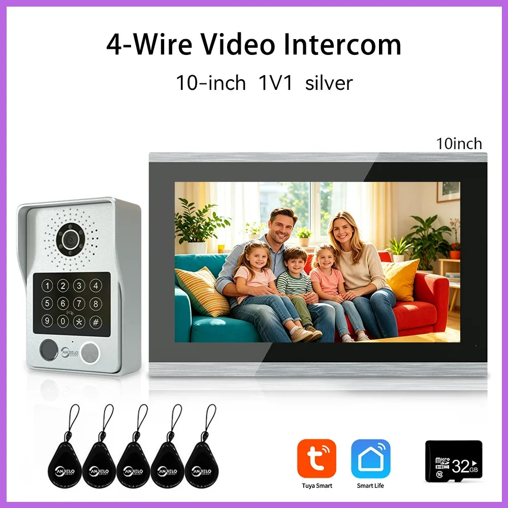 ANJIELO 4-Wire Video Intercom System with 10-inch Touch Screen 5-in-1 Unlock Tuya Smart APP Control IP65 Waterproof Night Vision