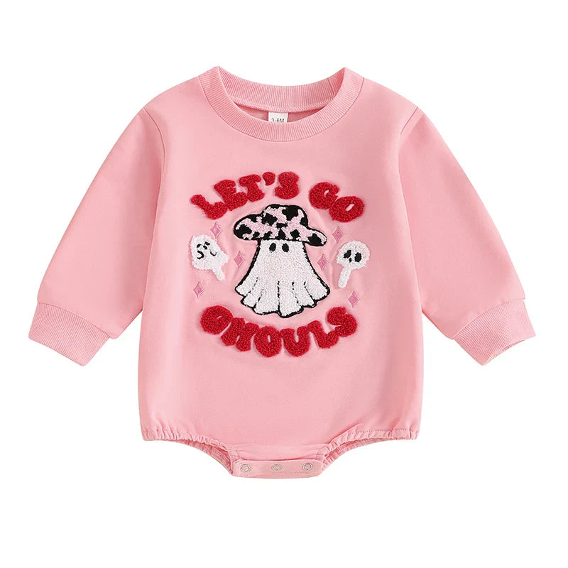 0-12M Baby Girls Halloween Rompers Letter Ghost Embroidered Patchwork Long Sleeve Round Neck Fall Cotton Bodysuits Jumpsuits