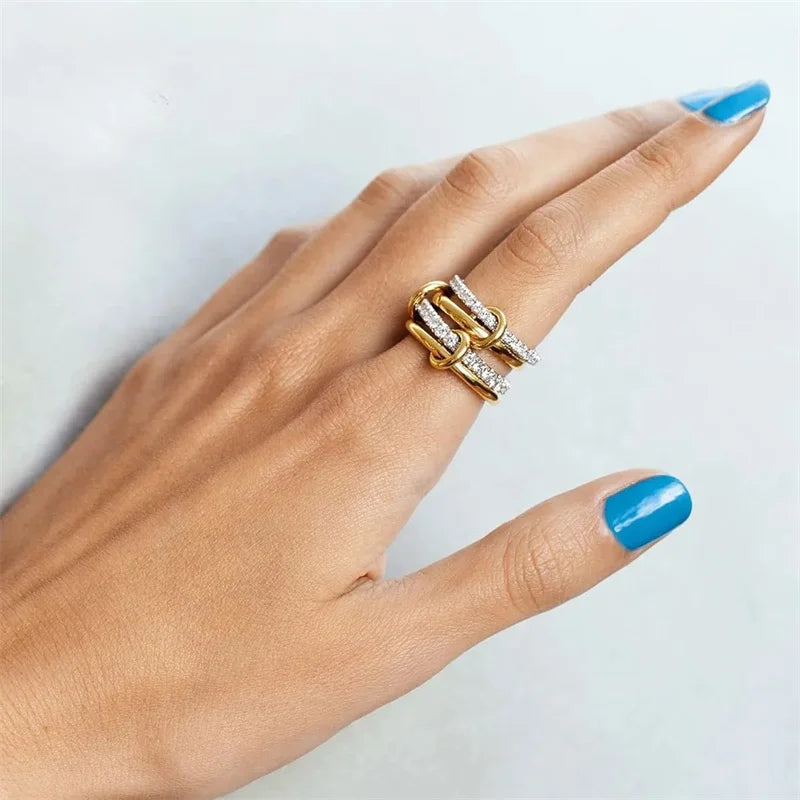 A Niche Two-Color Four-Ring Copper Jewelry Ring, Hypoallergenic, Ins