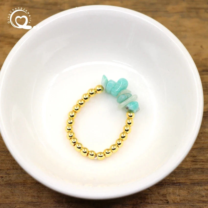 Healing Crystal Chip Stackable Rings Golds Brass Round Beads Natural Stone Gravel Stretchy Ring Fashion Women Jewelry,QC4218