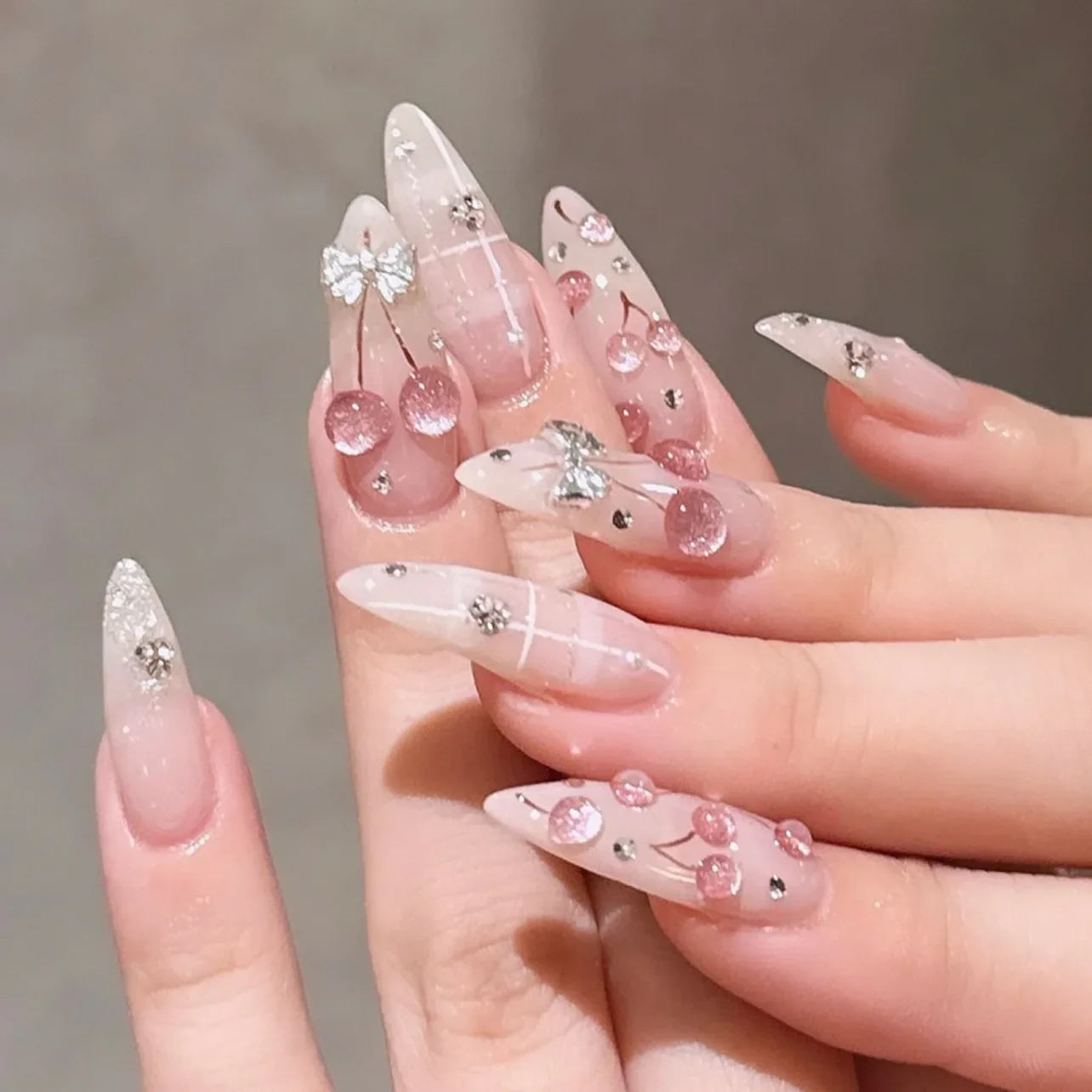 3D Lemon Blue White Striped French Nail Art Summer Chic Short Round False Nails Detachable Finished Fake Nails Press on Nails