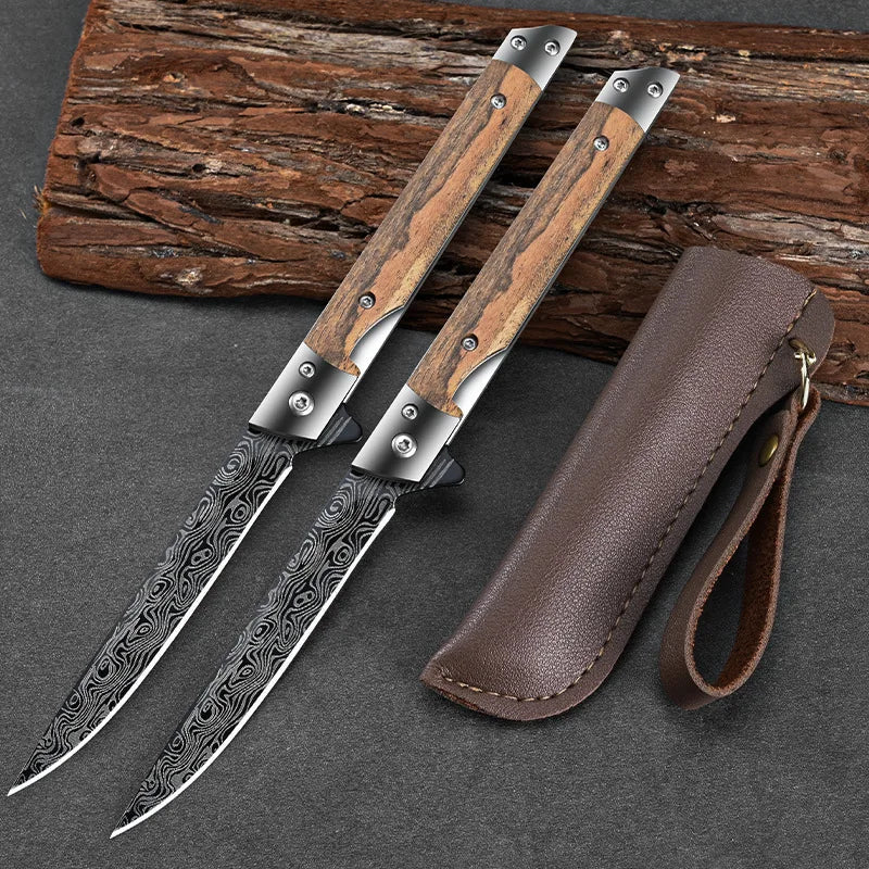 Multi-functional outdoor folding knife, high-hardness Damascus steel folding knife, portable fruit knife