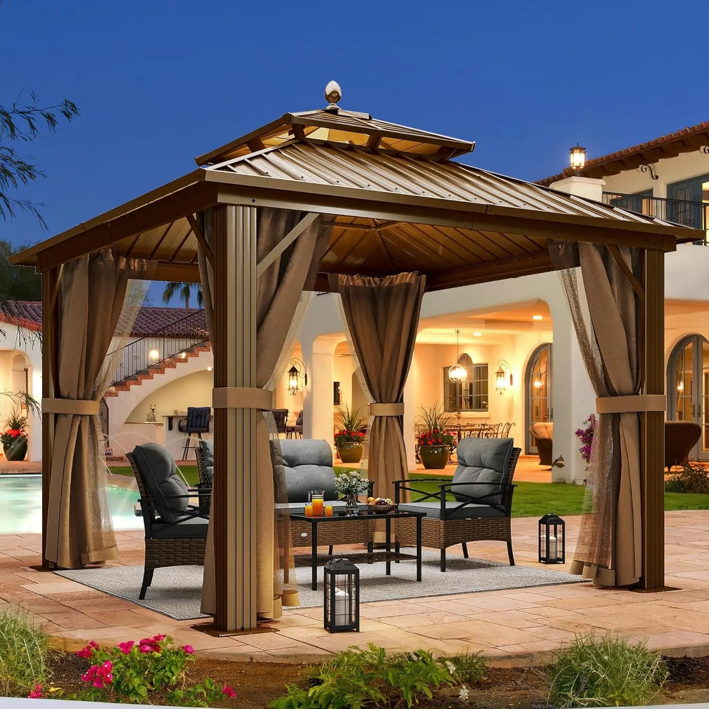 10x10ft Hardtop Gazebo, Nettings and Curtains, Heavy Duty Double Roof Galvanized Steel Outdoor Combined of Vertical Stripes Roof