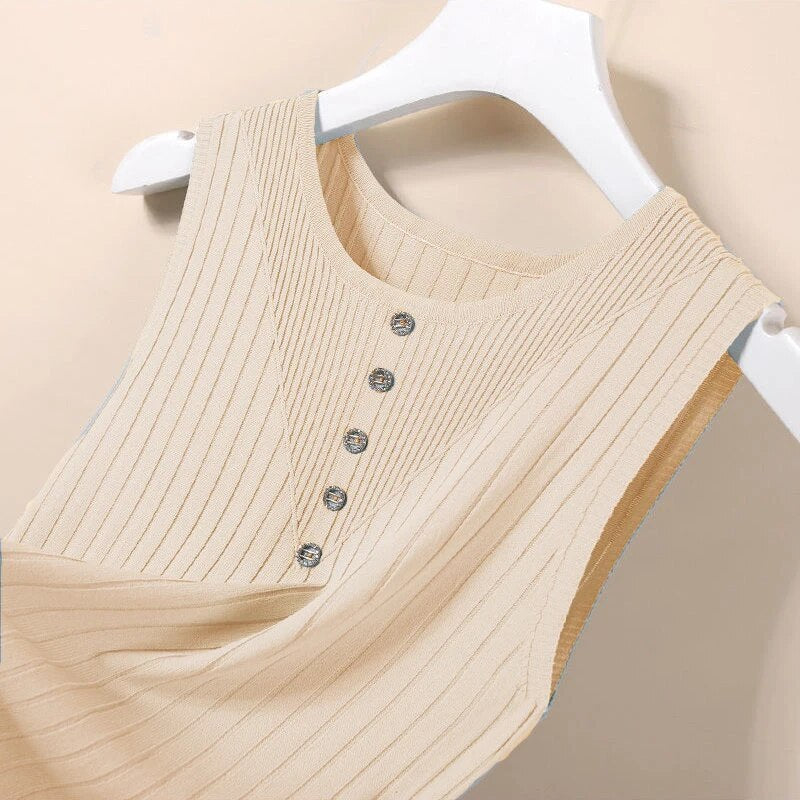 Inner Ice Silk Bottoming Tops for Women Casual Camisole for Summer Vest 2022 New O-neck Button Solid Sleeveless Knitted Tanks
