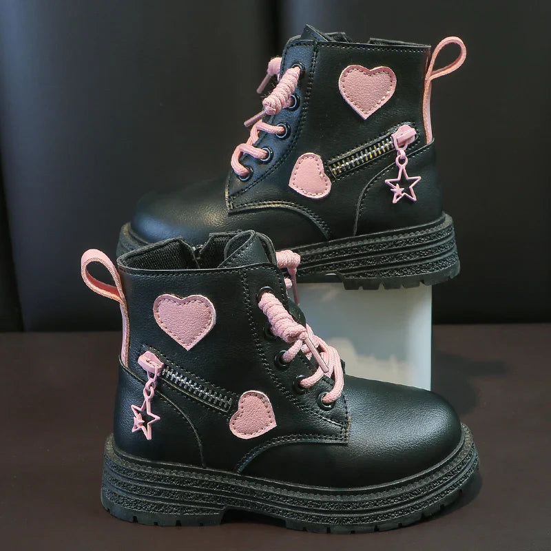 Girls Boots Kids Fashion Rubber Autumn and Winter, Cotton Soft Sole Pink with Love, Side Zip Princess Round-toe.