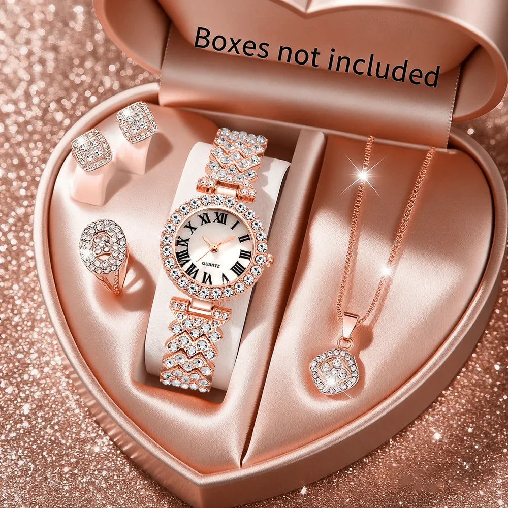5pcs Elegant Rhinestone Women Watches, Fashion Roman Dial, Bracelet Band, Quartz Wristwatch Jewelry Set.