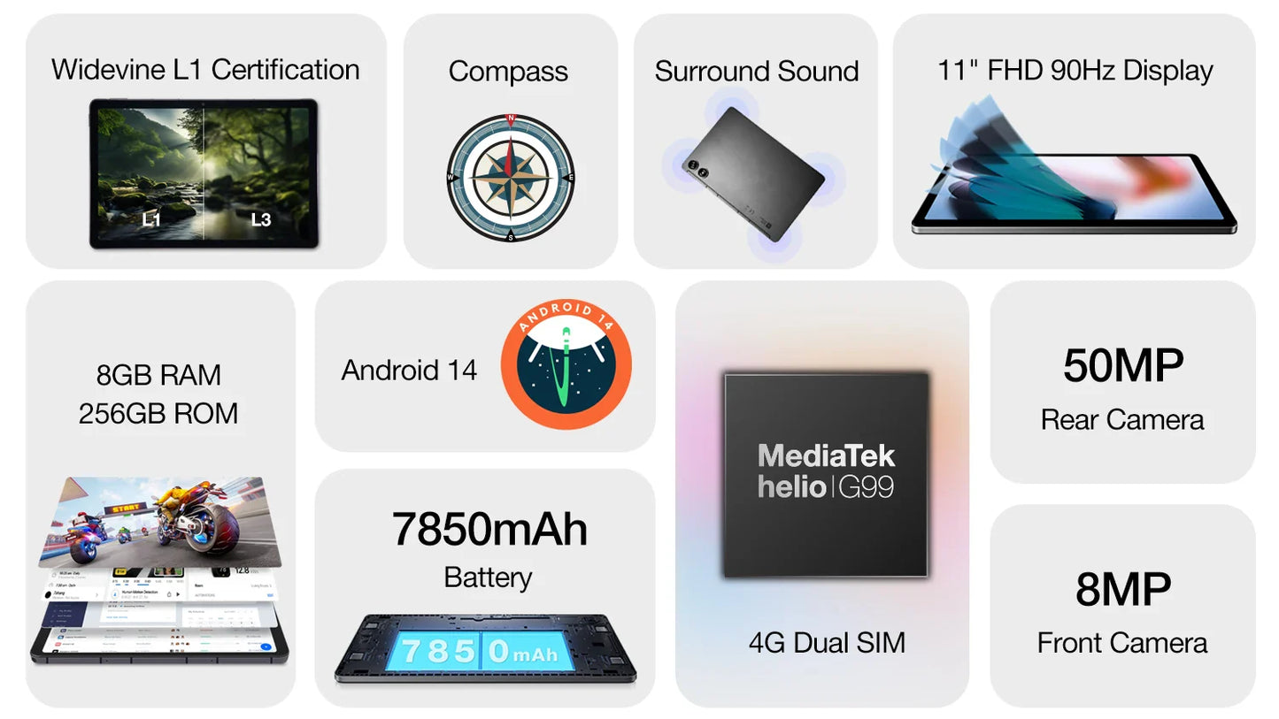 Tablet AGM PAD P2 8GB+256GB 11“ FHD Display 50MP Camera 7850MAh Battery MTK G99 480 Nit Brightness Widevine L1