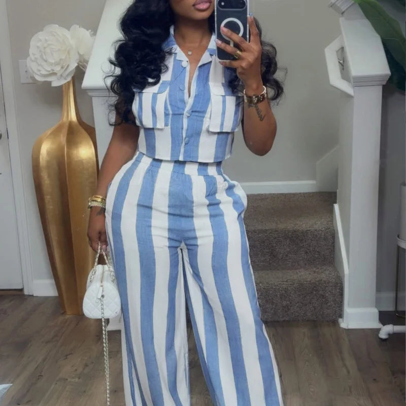 New African Fashion Women Casual Two Piece Set Striped Printed Sleeveless Pockets Crop Vest Top And Wide Leg Pants Set