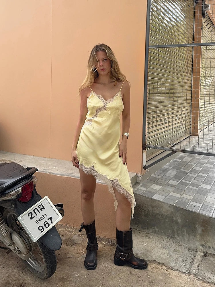 Yellow Satin Lace Splicing Sling Dress Women Elegant Irregular Hem V Neck Backless Sleeveless Gown Chic Women Party Club Vestido