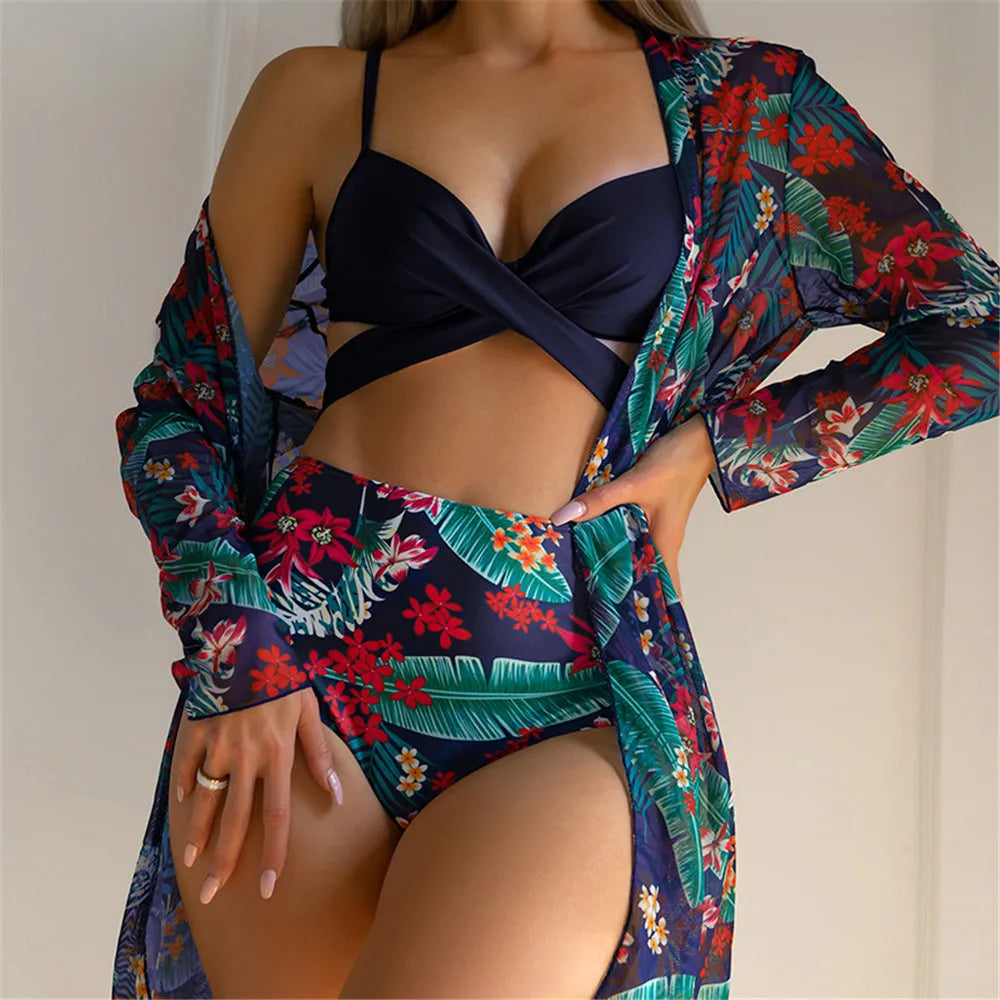 Three Pieces Bikini Set Cover Up Women New Push Up Twist Swimsuit Print Long Sleeve Swimwear Biquini Bathing Suit Summer