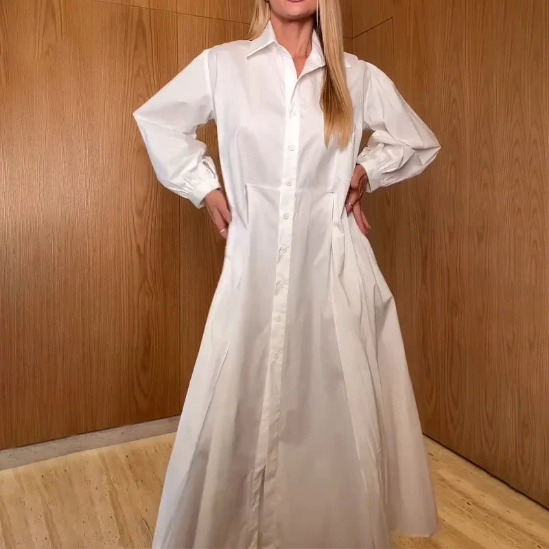 Summer New Women's Casual Long Sleeve Pure Color Slimming Dress Shirt Empire Waist Ankle Length Polo Collar Cross-Border Fashion