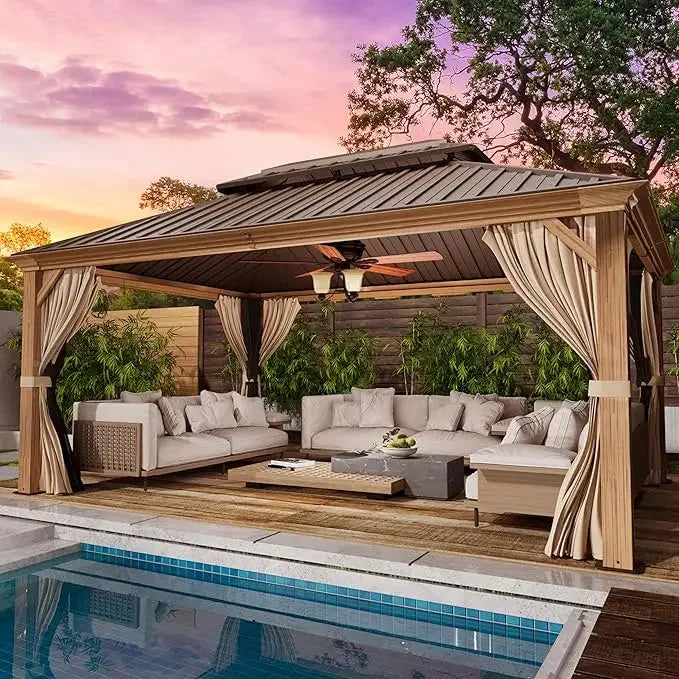 12x20 Gazebo, Hardtop Wood-Looking Gazebo with Galvanized Steel Double Roof, Patio Hardtop Gazebo with Netting and Curtains