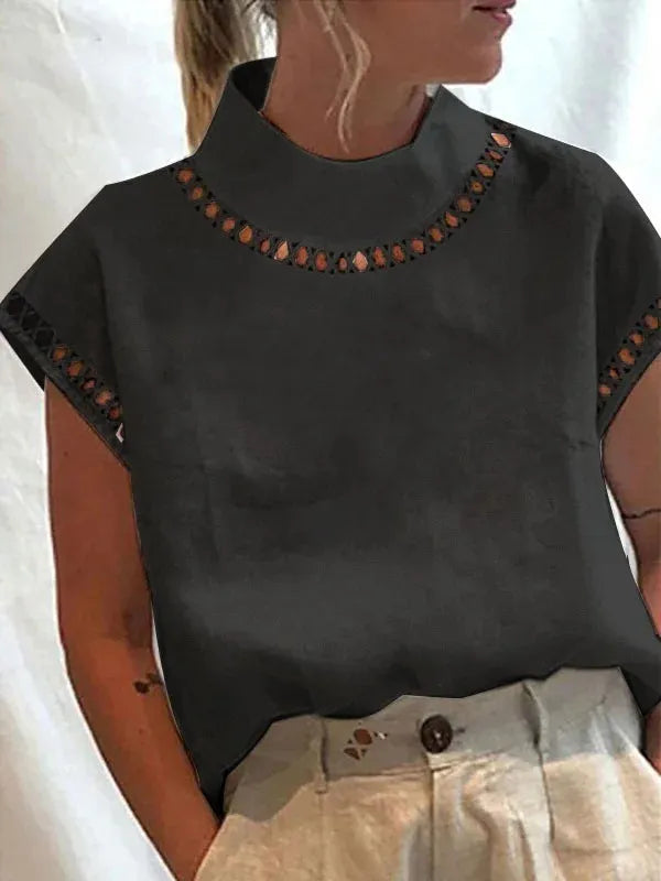 Vintage Tops Mujer Women Blouse Solid Cotton Summer Casual Chic Tunic Hallow Stand Collar Oversized White Blouses Blusas