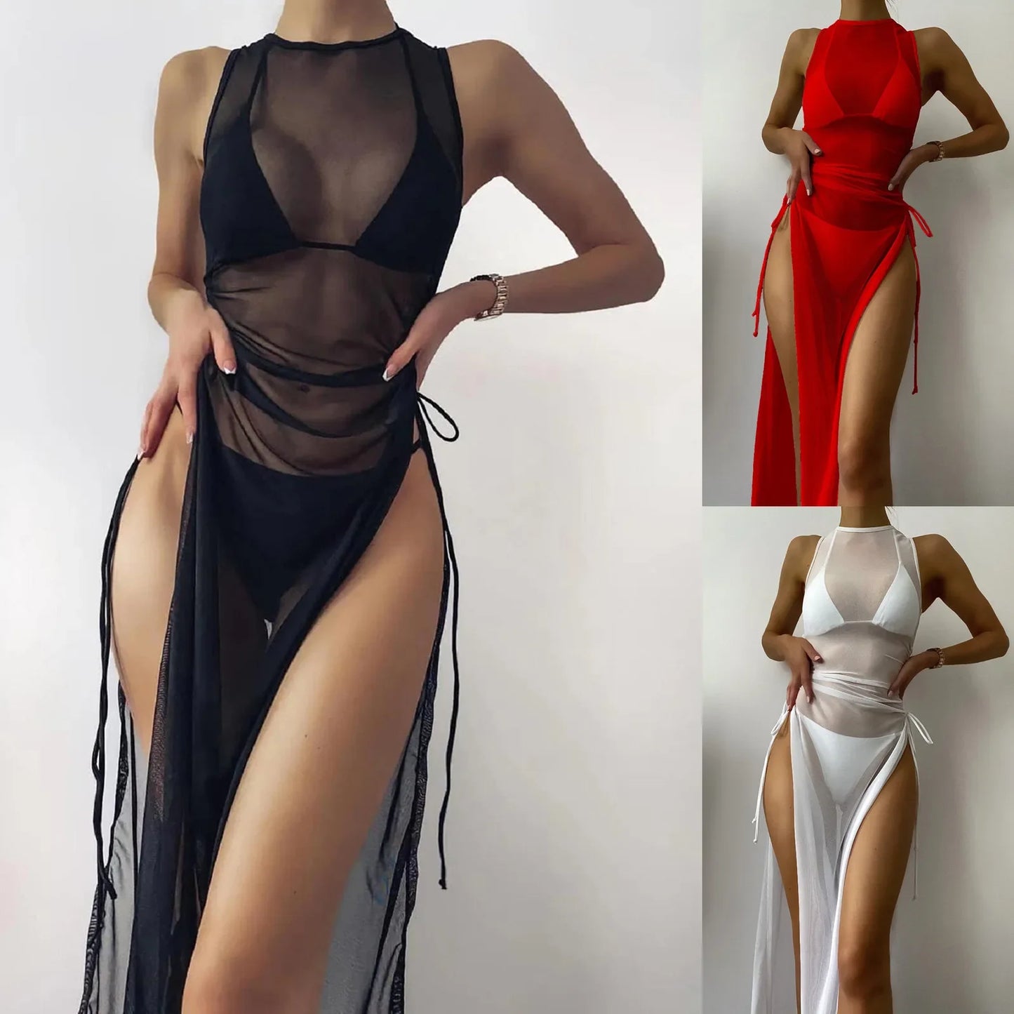 Women Draped Front Drawstring Knot Mesh Bikini Cover Up Without Lingerie Hight Split Fork Dress Beach Womens Cover up Cardigan