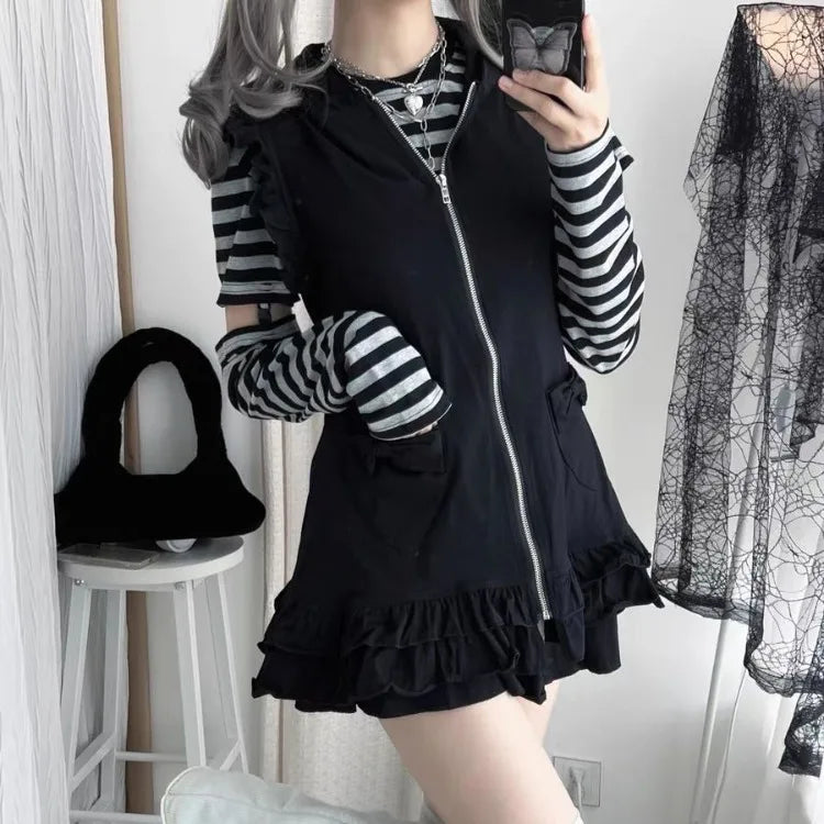Vintage Striped Patchwork Sleeve T-shirt for Women+ Cute Cat Ear Hooded Sleeveless Jackets Early Autumn New Two Piece Sets