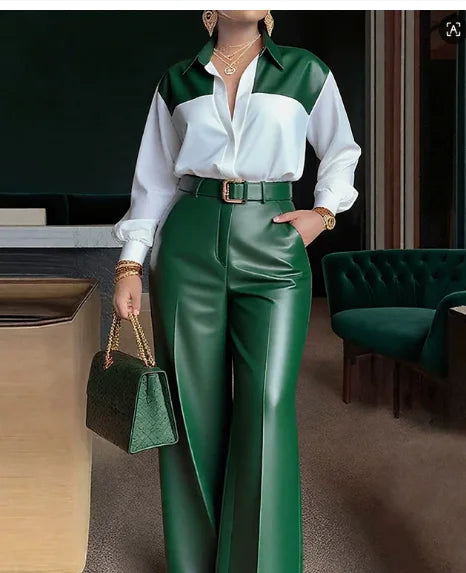 Two Piece Set Women Outfit 2026 Spring New Temperament Commuter Turn-Down Collar Long Sleeve Shirt & Leather Wide Leg Pants Set