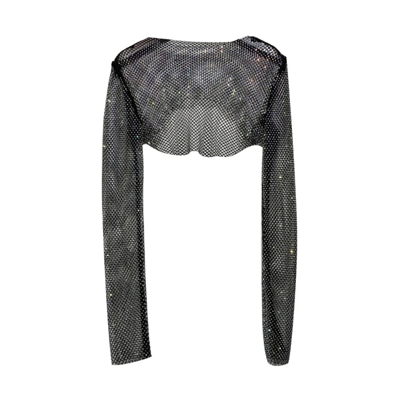 Women Colorful Rhinestones Long Sleeve Crop Top Sparkly Glitter Drill Shawls Shrug See Through Fishnet Cover Up Clubwear