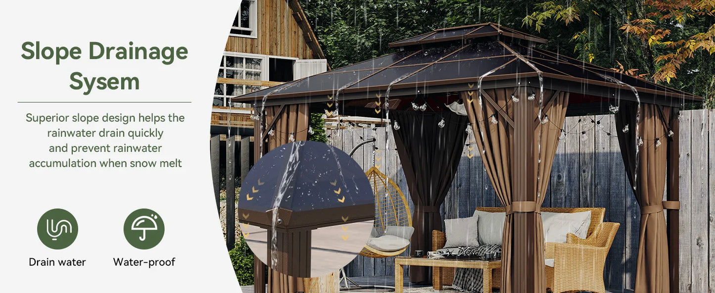 10'x12' Hardtop Gazebo, Aluminum Frame Permanent Pavilion with Curtains, Outdoor Polycarbonate Gazebo, Double Roof Canopy