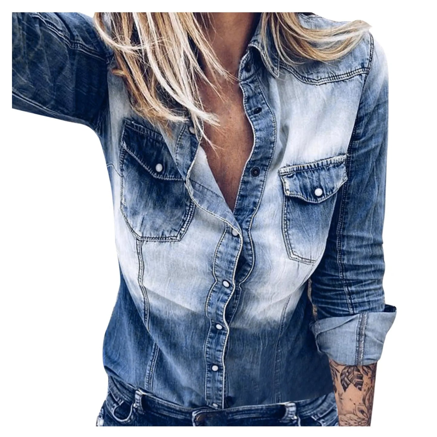Women Fashion Vintage Washed Denim Shirt Classic Versatile Retro Style Slim Fot Long Sleeve Office Shirts With Pocket Blouse Top