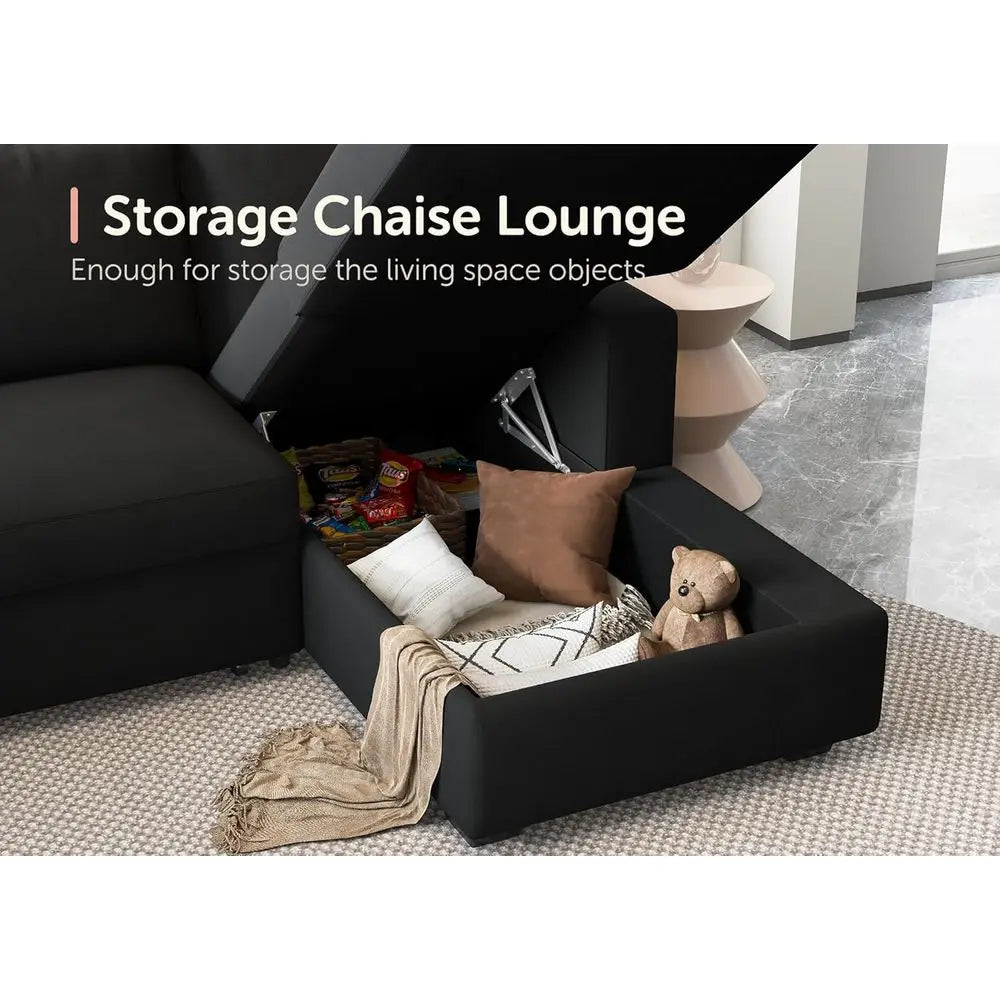 6-Seater U-Shaped Sectional Sofa with Pull-Out Bed and Storage Chaise in Velvet Black.