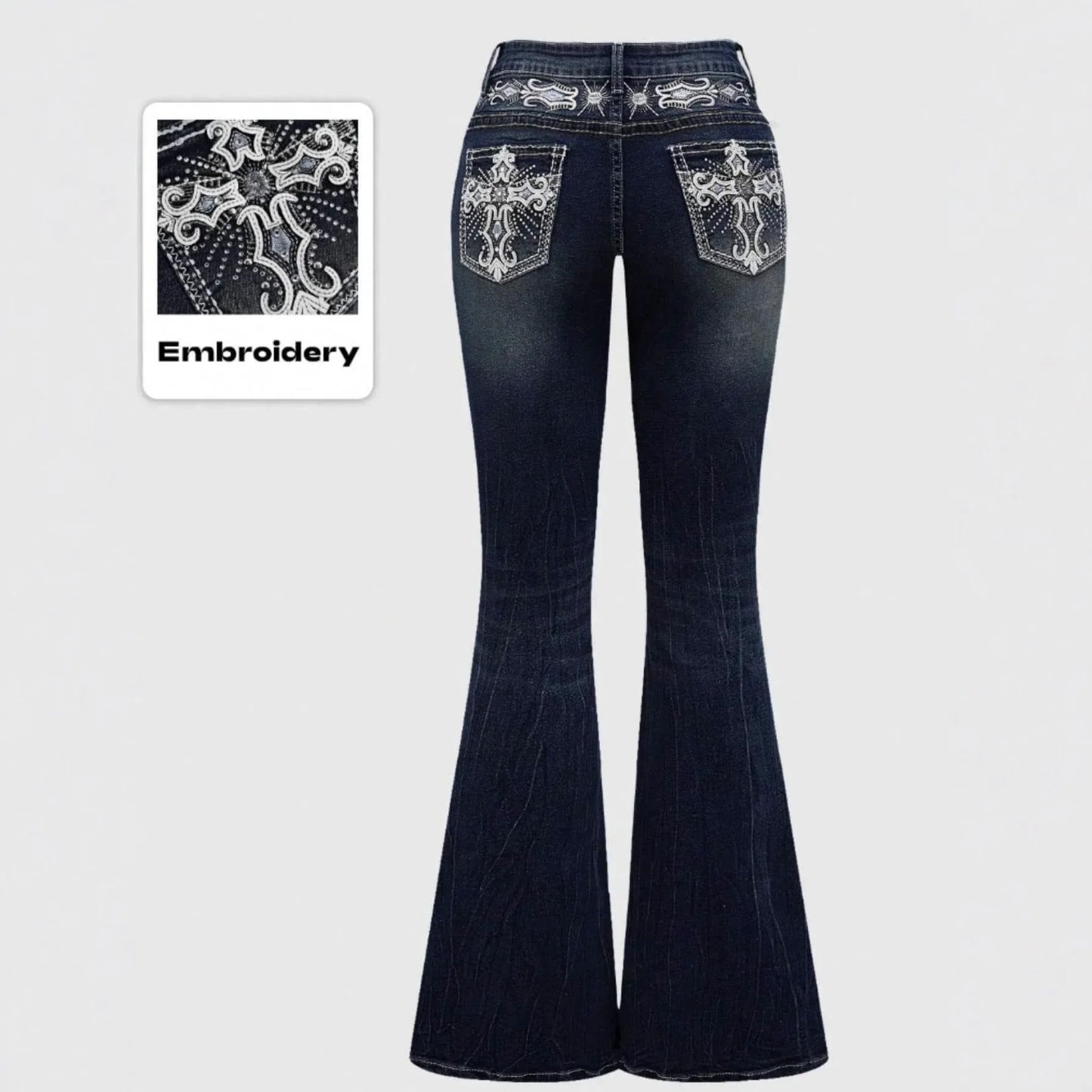 Jeans Flare Pants Women Vintage Boot Cut Embroidery Pockets Rhinestone Washed Female Distressed Denims Trousers Streetwear