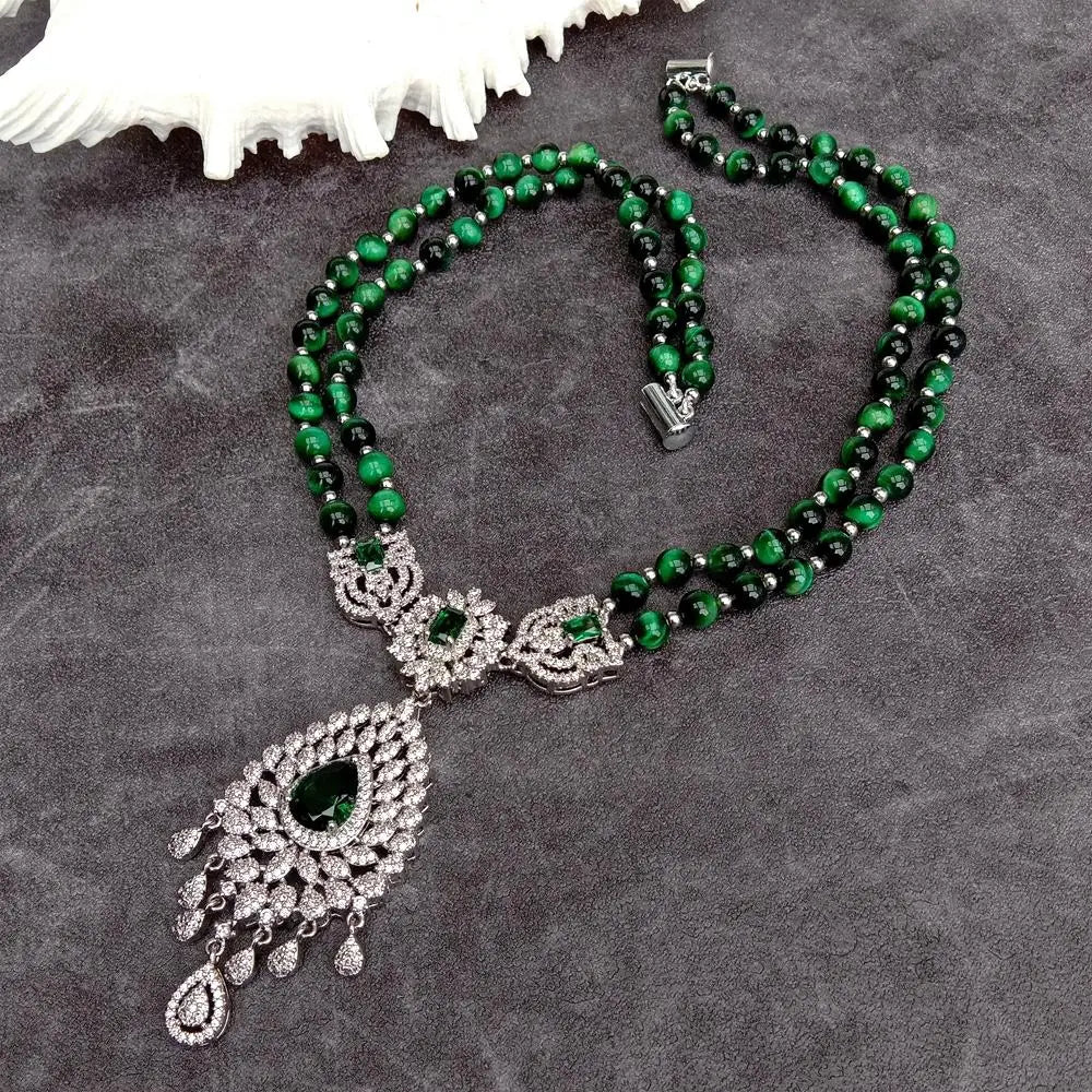 Y·YING 2 Strands Green Tiger Eye Cz Pave Pendant Necklace Gemstone Necklaces Jewelry Women