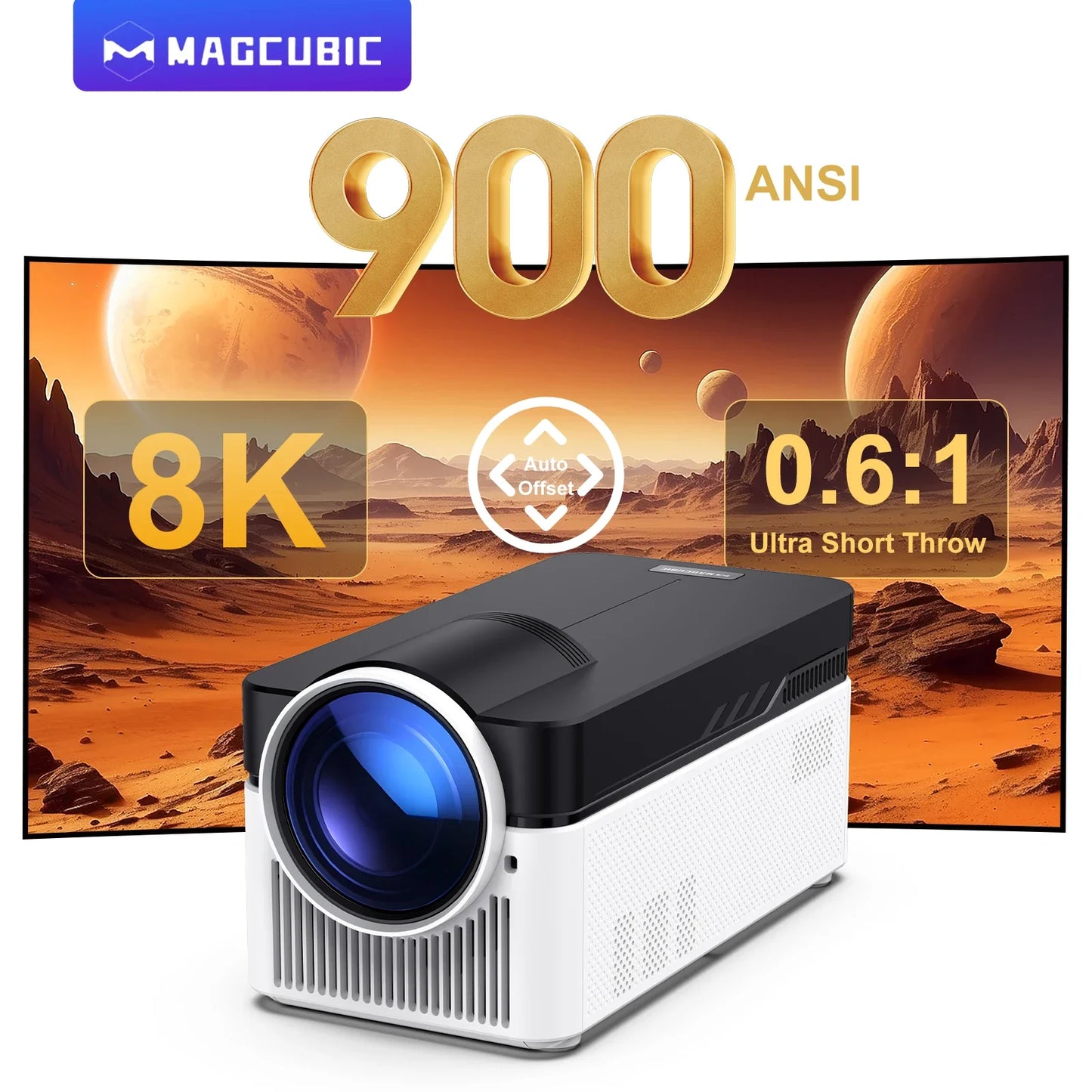 Magcubic Ultra Short Throw HY450 Projector With Self Adjustable Offset 1080P 8K Electronic Focus 900 ANSI WiFi6 BT5.4 w/Voice for Home
