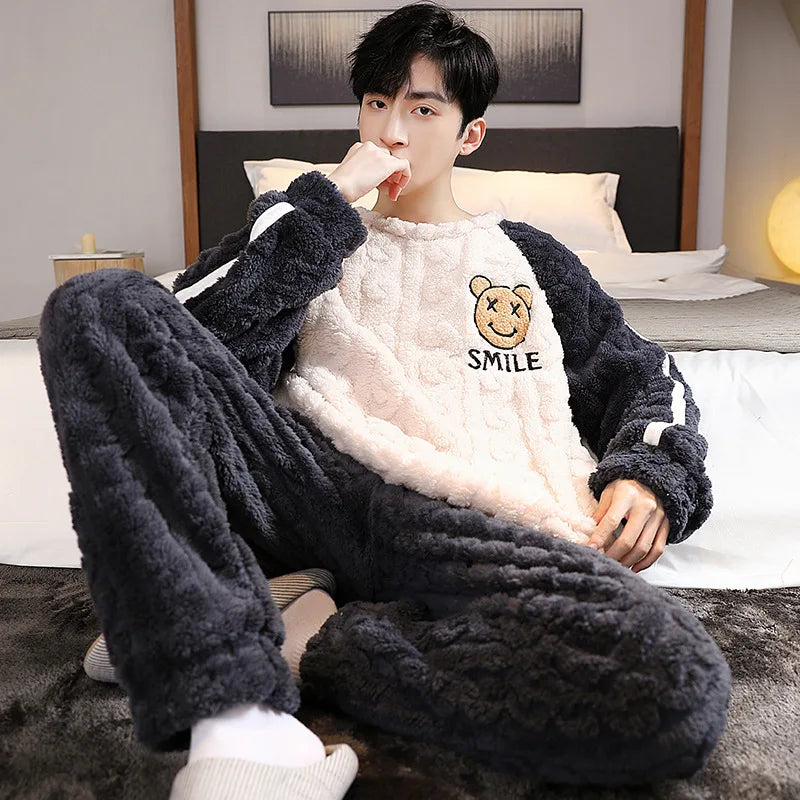 Thickened Warm Plus Size Men’s Pajamas, Autumn and Winter  Nightwear.