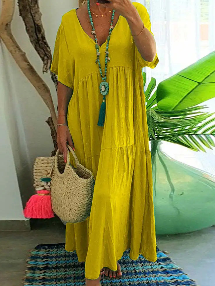 Summer New Casual Solid Color Cotton Hemp Short Sleeve Long Women's Dress Simple Loose Beach Maxi Female Fashion Dresses 2023