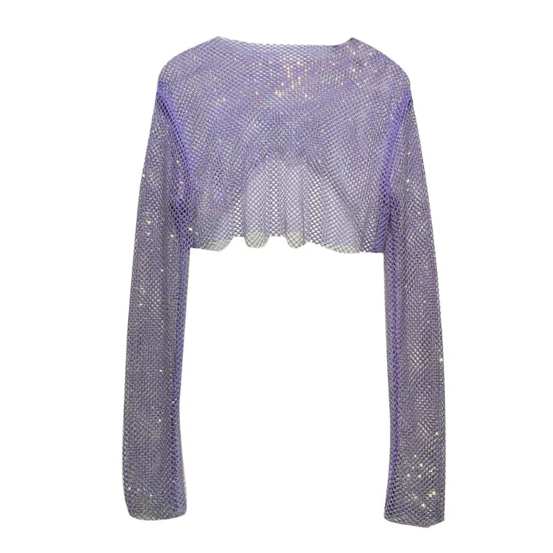 Women Colorful Rhinestones Long Sleeve Crop Top Sparkly Glitter Drill Shawls Shrug See Through Fishnet Cover Up Clubwear