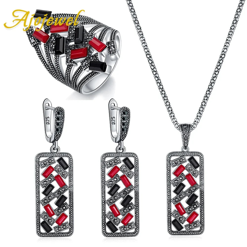 Ajojewel Black/Red Green Bohemian Jewelry Set For Women Colorful Zircon Crystal Geometric Ring Earrings Necklace & Pendant