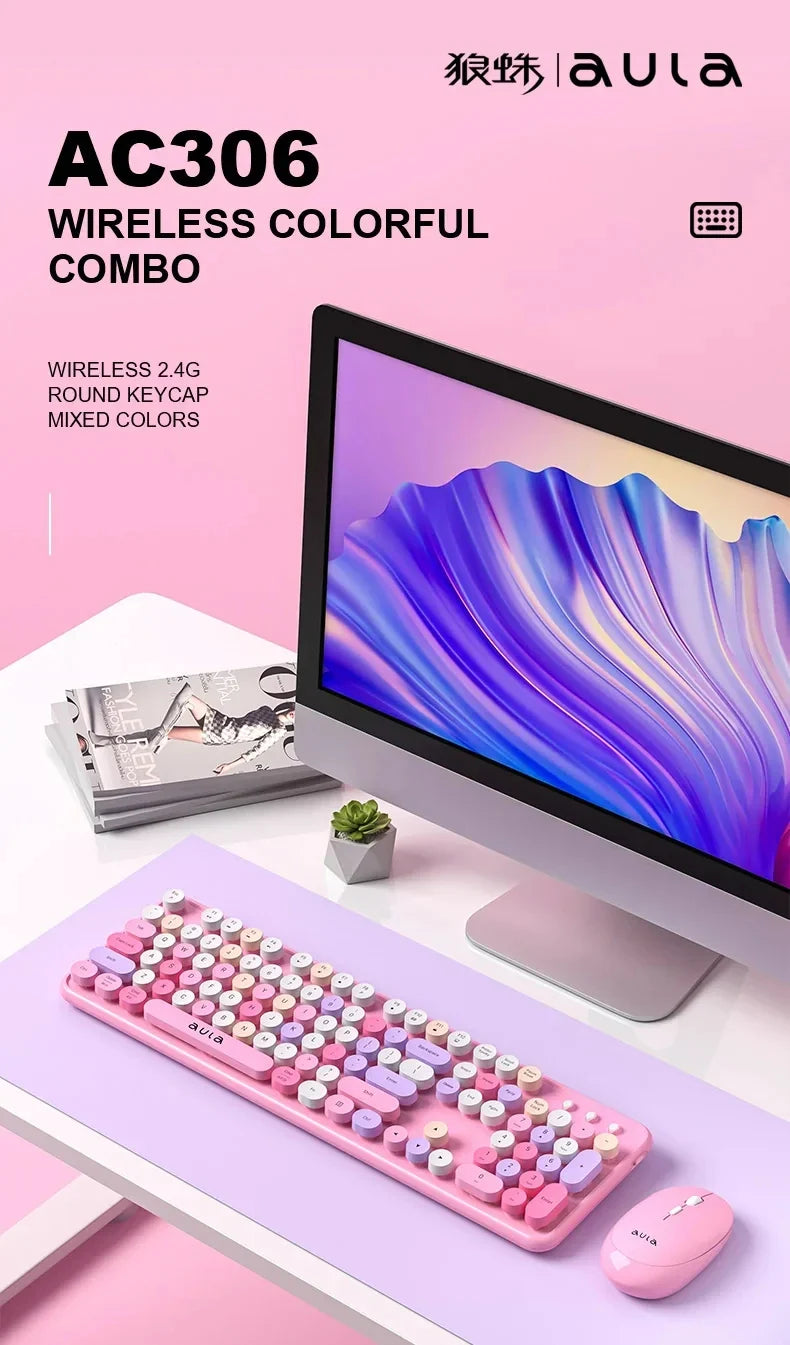 AULA Wireless Keyboard Mouse Combo 104 Keys Retro Round Keycaps Silent Typing 2.4G Ergonomic Office Gaming Set for PC Laptop