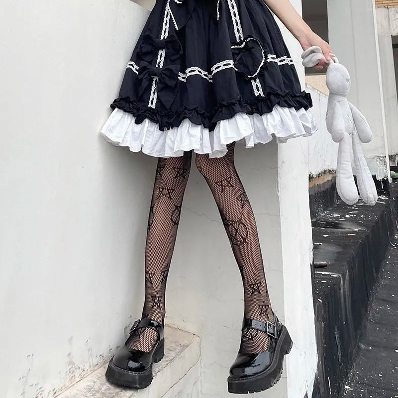 Lolita Cute Pentacle Print Tights Women Sexy Gothic Punk Magical Five-Pointed Star Mesh Fish Net Pantyhose Body Stockings