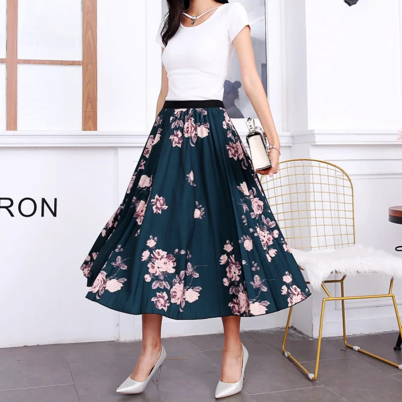 2023 Summer Women Cartoon Print Pleated Skirts A Line High Waisted Elastic Midi Long Skirt Ladies Party Korean Style Dresses