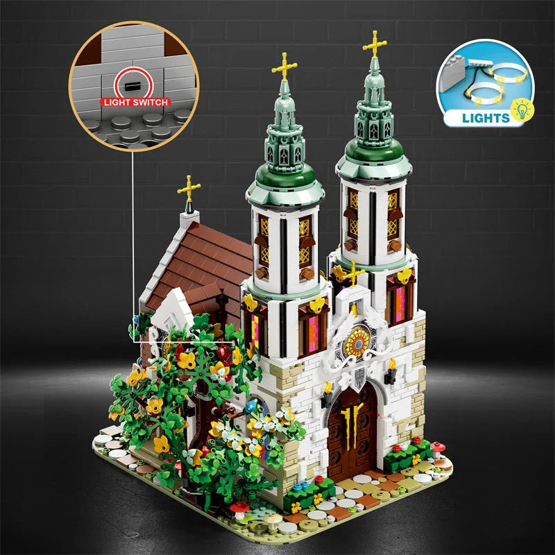 3306PCS St. Andrew's Church Building Block Medieval European Church Model Bricks Set With Light Desktop Decoration Kids Toy Gift