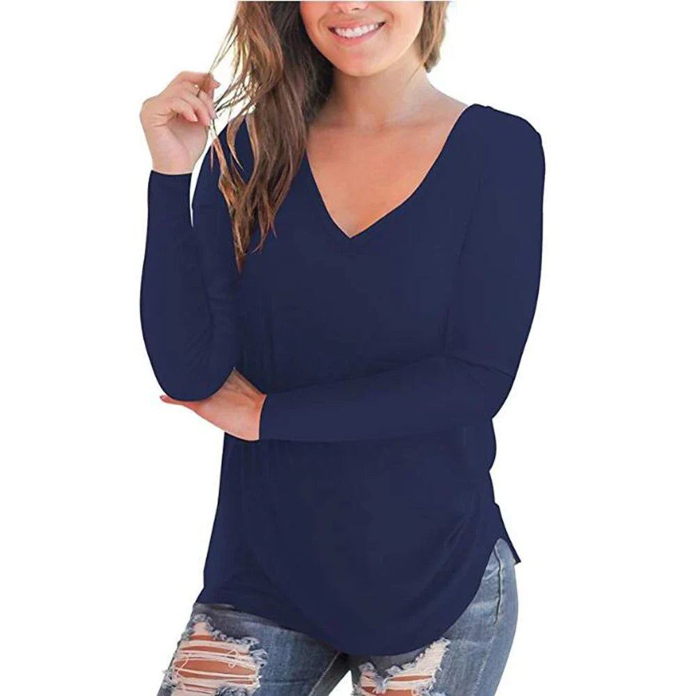 2023 autumn and winter women's clothes solid color primer new style V neck long sleeve women's T-shirt women in stock