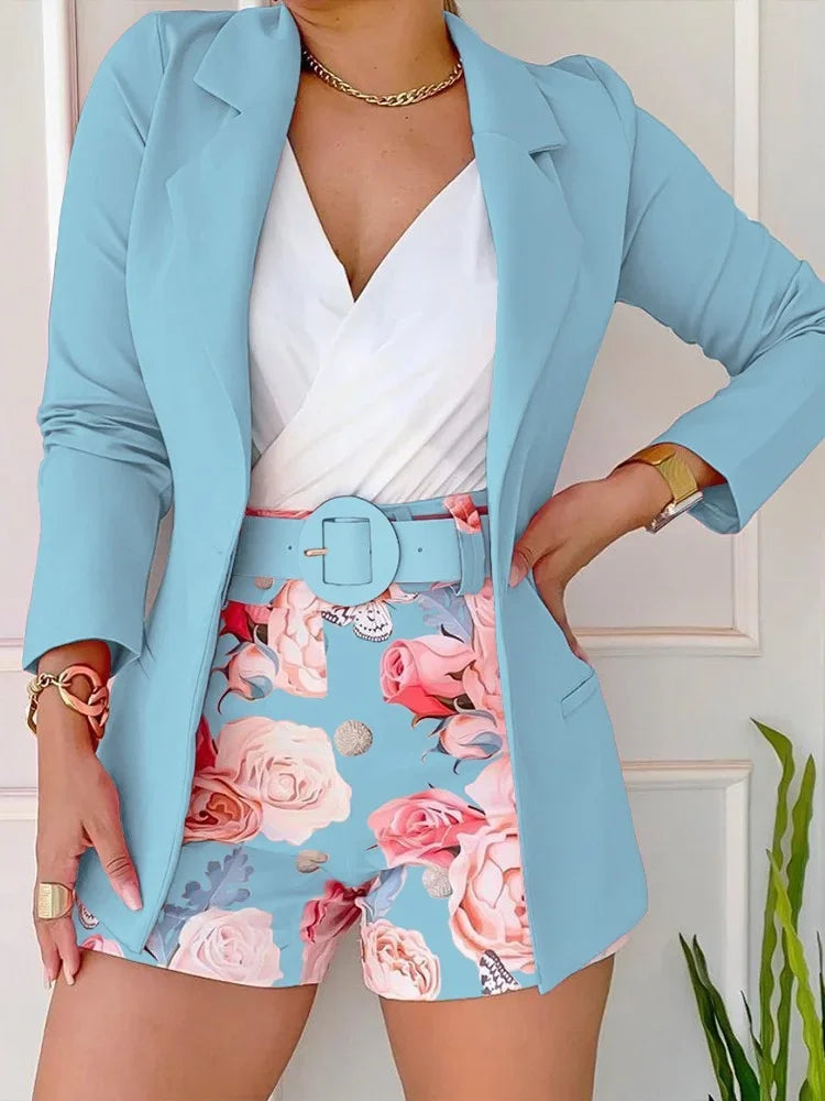 2 Pieces Women's Korean Fashion Set Spring Summer Casual Long Sleeve Blazer Coats with Elegant Printing Belt And Shorts