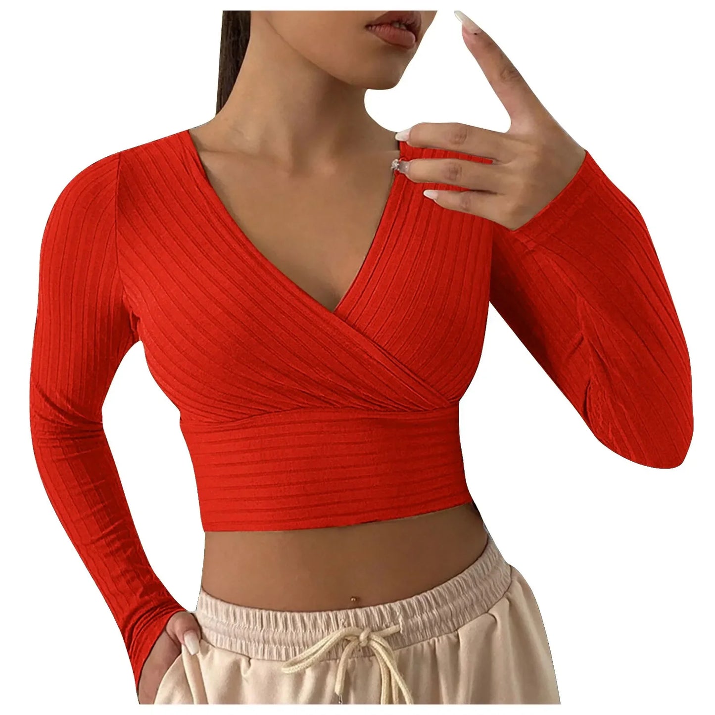 Sexy Cross Wrap V Neck Ribbed Knit T Shirt Women's Crop Tops Sexy Slim Fit Solid Spring Fall Long Sleeve Y2k Clothes Pink Tops