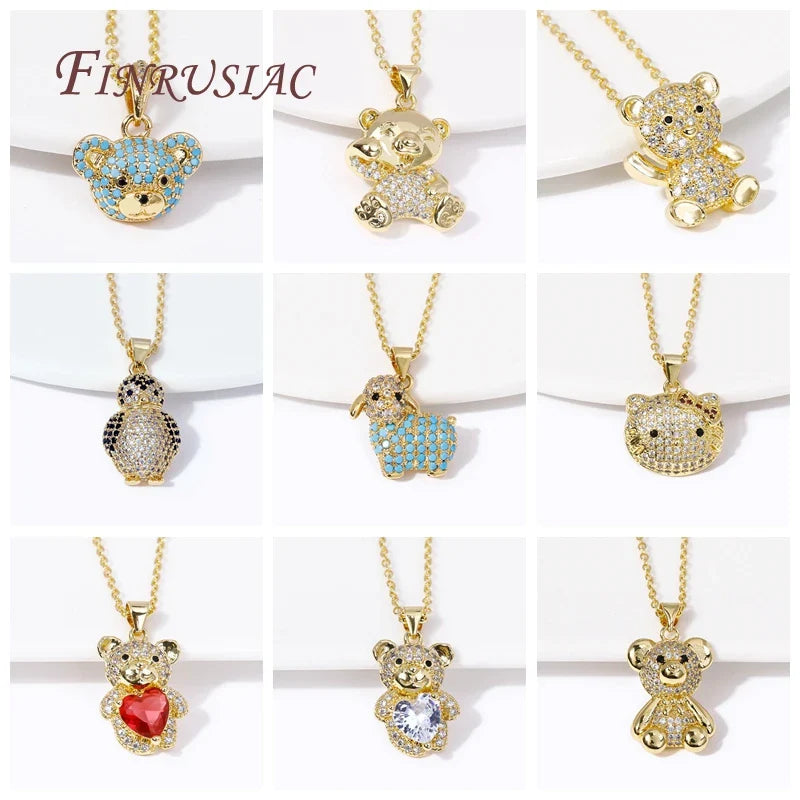 Fashion Creative Pendants Necklace Female 18K Gold Plated Pave Zircon Animal Bear Charms Necklaces for Women Christmas Gifts