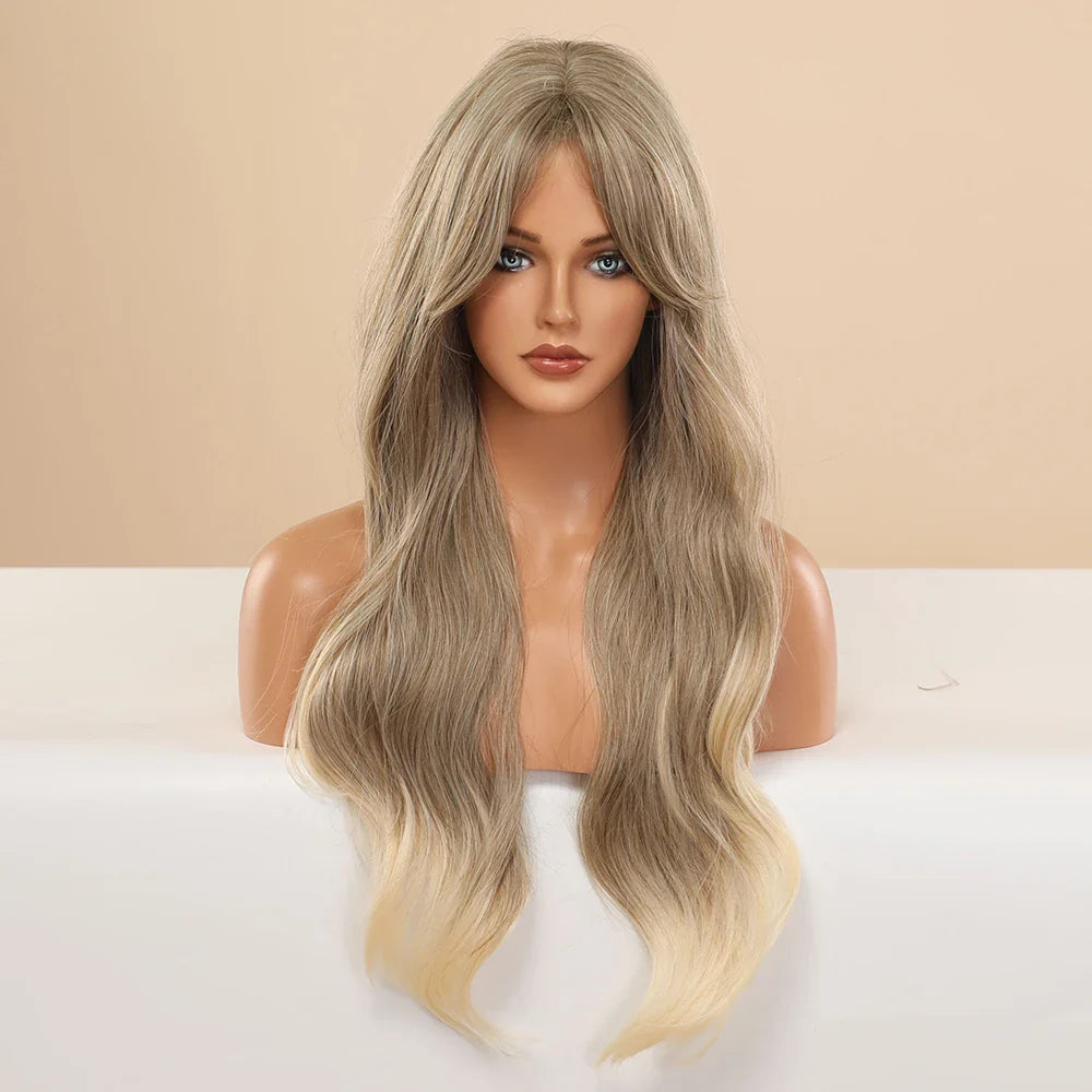 Element Medium Length Synthetic Straight Natural Brown Wigs with Side Bangs Heat Resistant Party Wigs for White/Black Women