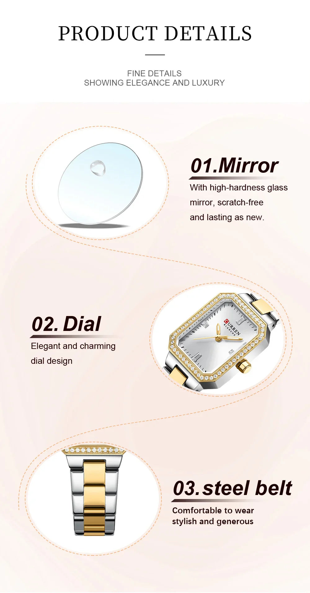CURREN Luxurious Elegant Women's Watches Classic Rectangular Dial with Rhinestones Luminous Hands Waterproof