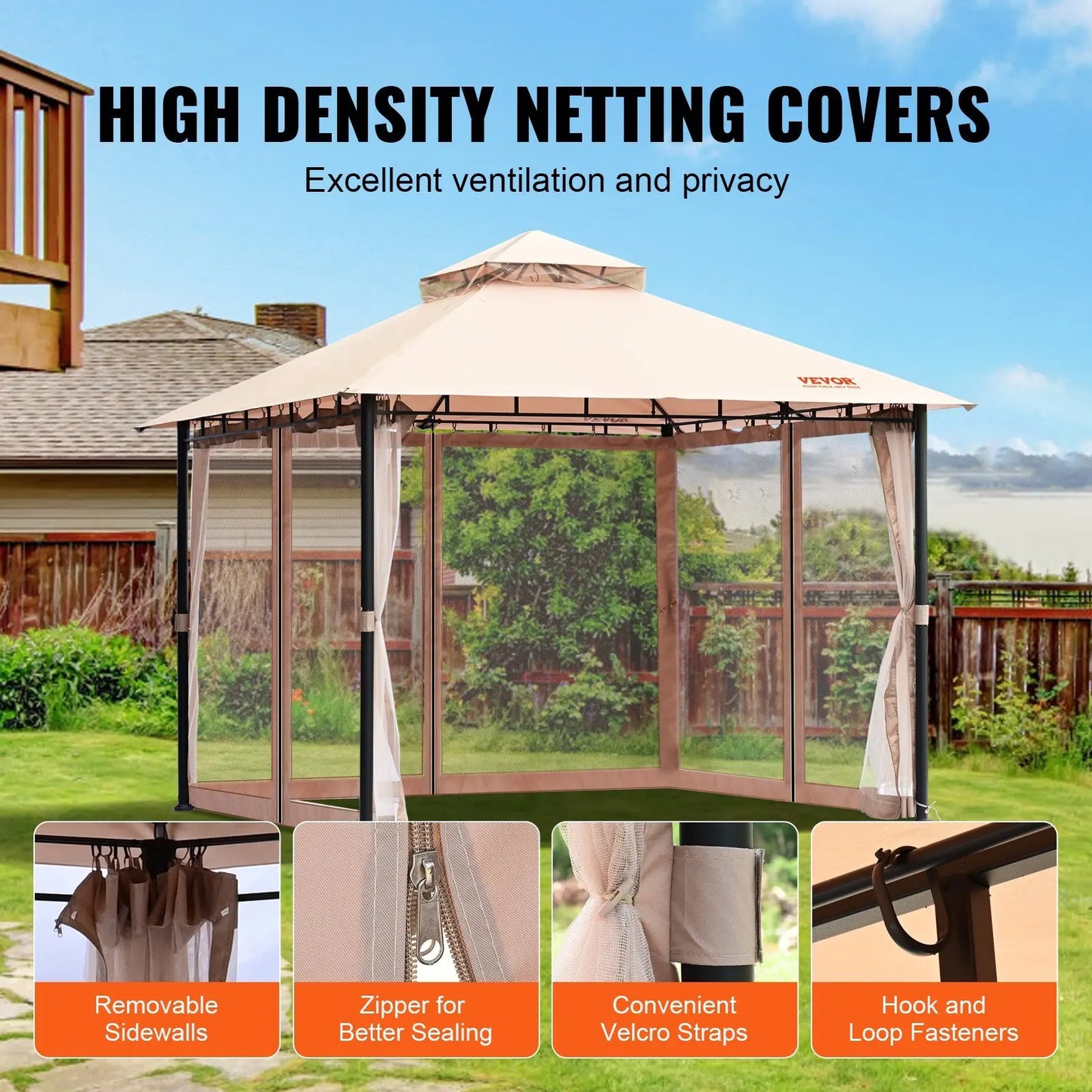 Patio Gazebo for 6-8 Person, 10 x 10 FT Backyard Gazebo, with Mosquito Netting, Metal Frame, and PU Coated 180G Polyester, Outdo