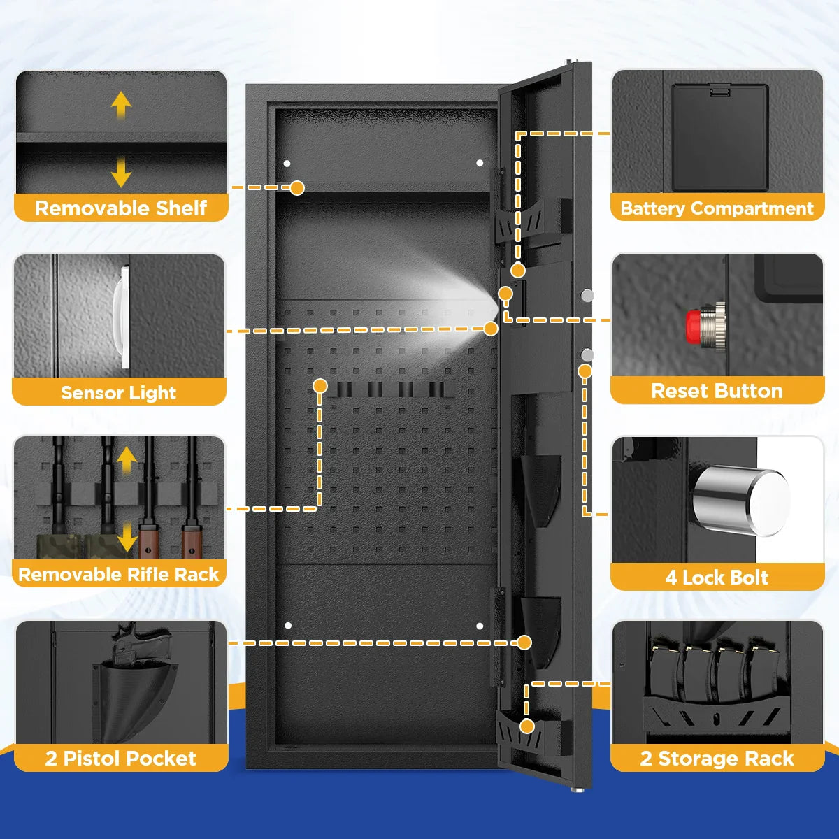 12-15 Gun Cabinet, for Home Storage, Quick Access safe with Alarm System.