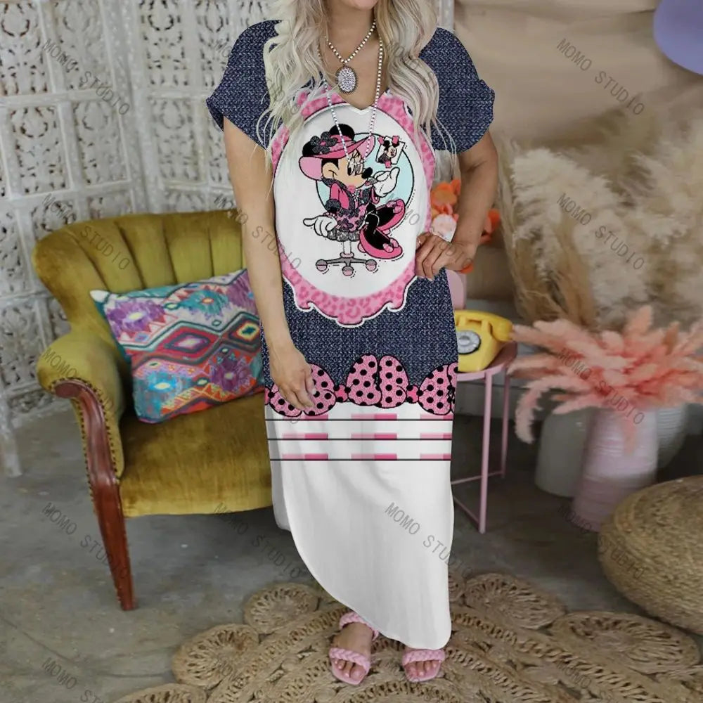 Leisure Sexy Dress Disney Casual Summer Women's Dresses V-Neck Long Minnie Mouse Maxi Cartoon 2022 Mickey Y2k Clothes Robe Woman