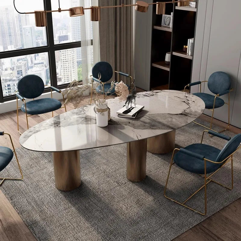 Italian Luxury Stainless Steel Dining Table,  Stone Tabletop, Easy-Clean
