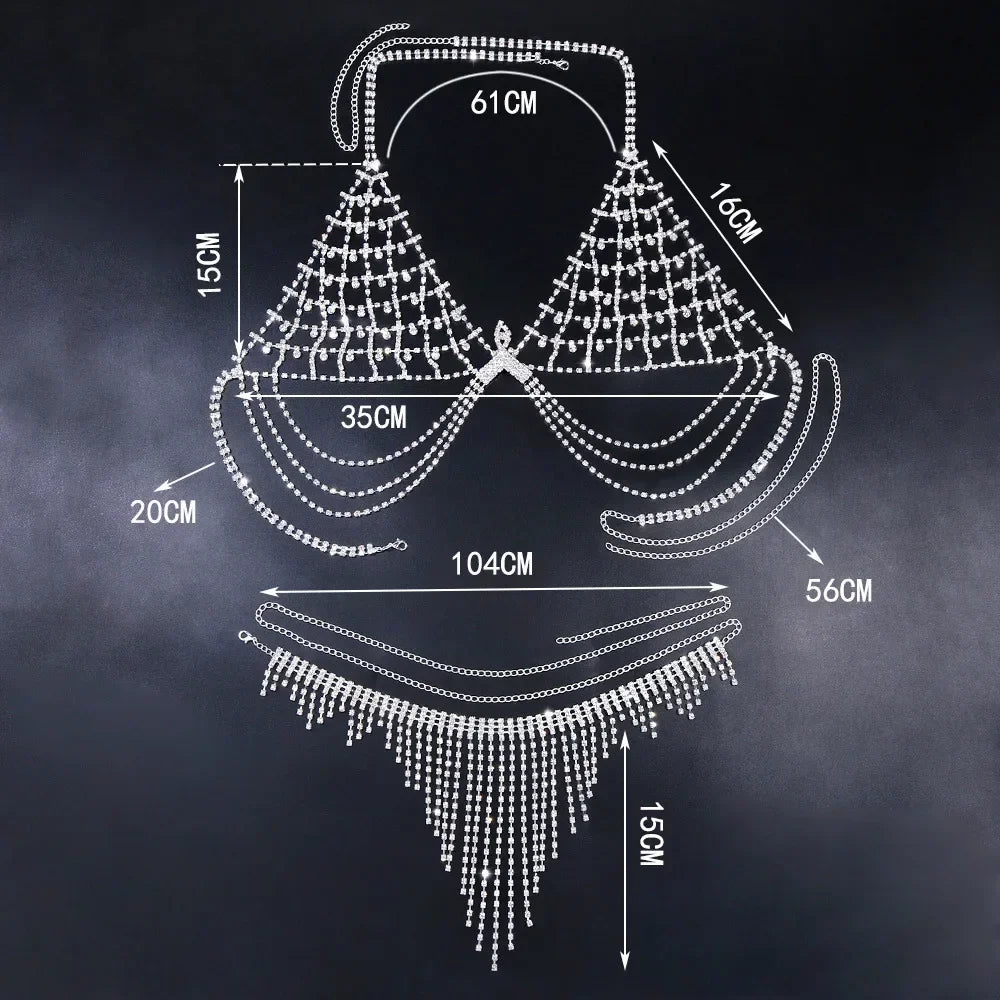 Sexy Rhinestone Bra And Thong Set For Women Bikini Nightclub Prom Body Chain Mesh bra tassel Underwear Hollow Jewelry