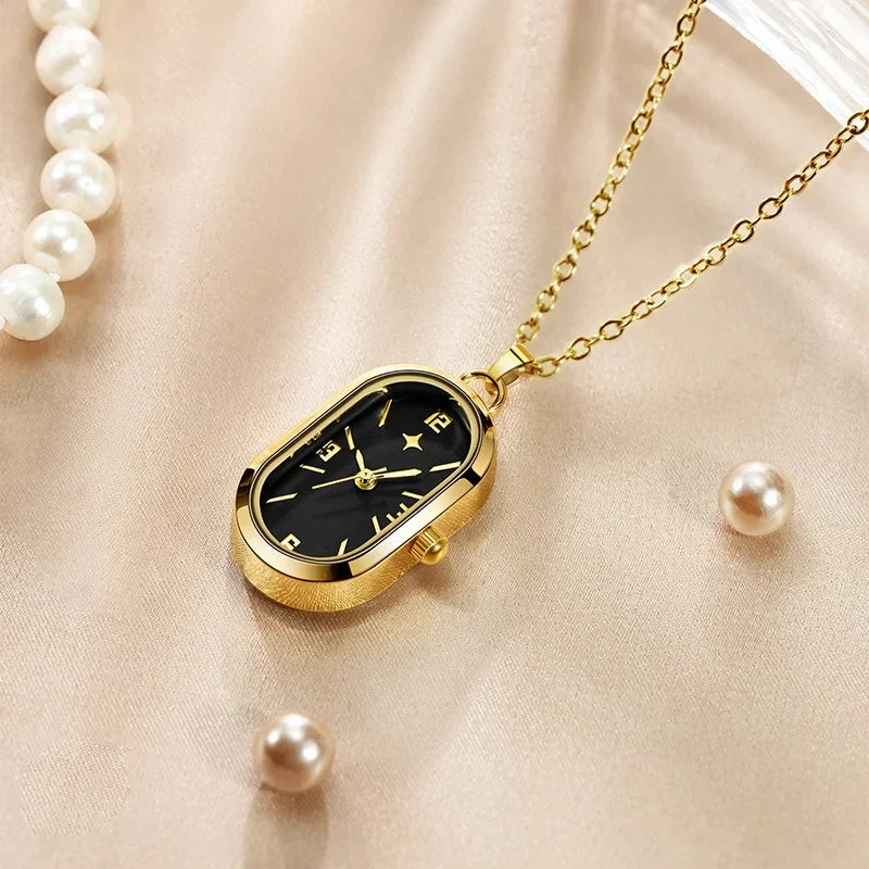 Women's Pendant Watch Oval Necklace Elegant Quartz Pocket Watch Fashion Jewelry Luxurious and Compact Valentine's Day Gift