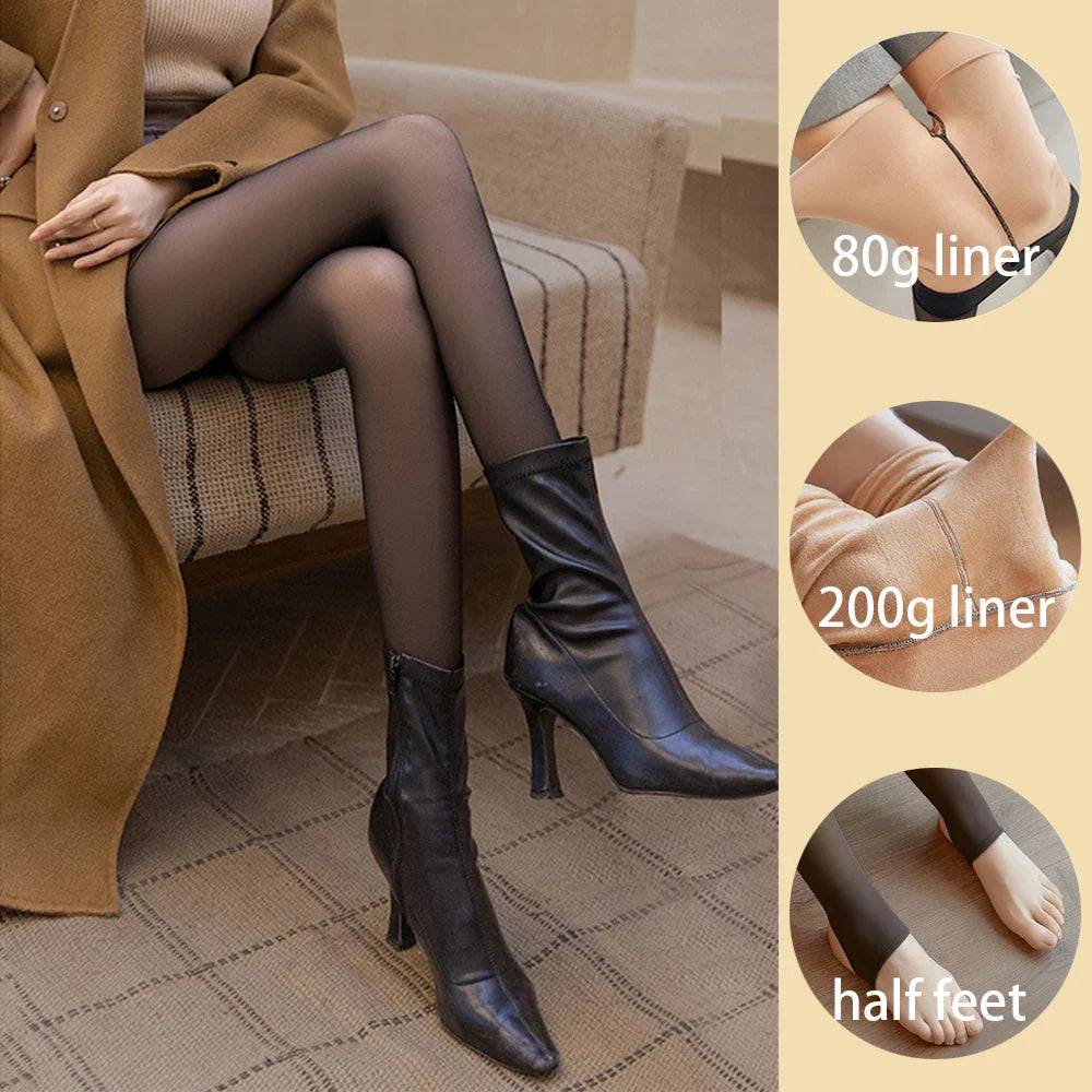 Loozykit Fleece Leggings Women's Insulated Tights Winter Thermal Stockings Sexy High Waist Elastic Pantyhose Skin Effect Socks
